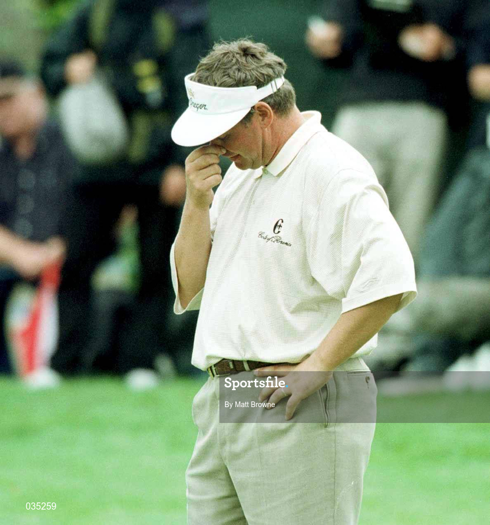 2 August 1999; A disappointed Darren Clarke after missing a putt on the 15th green during day four of the Smurfit European Open at the K-Club in Straffan, Kildare. Photo by Matt Browne/Sportsfile