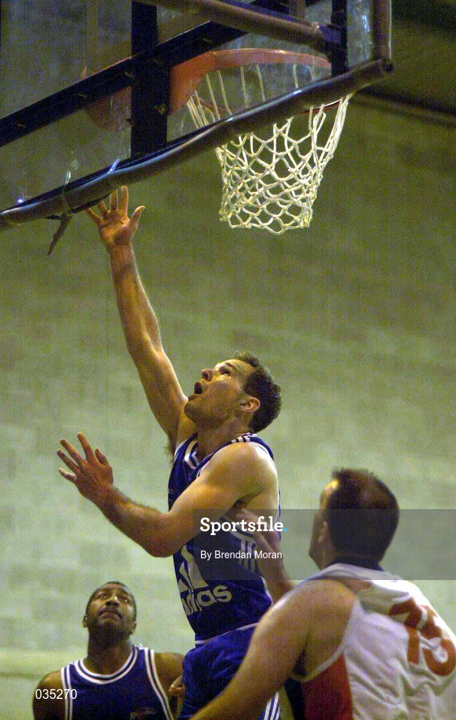 19 December 1999; Dave Weaver of Killester in action against John Leahy of Star of the Sea during the ESB Men's Superleague Basketball match between Killester and Star of the Sea at IWA in Clontarf in Dublin. Photo by Brendan Moran/Sportsfile