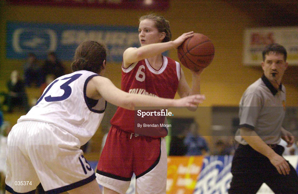28 January 2000; Denise Walsh of Tolka Rovers in action against Catherine O'Sullivan of Meteors during the Senior Women's Sprite Cup Semi-Final match between Tolka Rovers v Meteors at Tallaght Stadium in Dublin. Photo by Brendan Moran/Sportsfile
