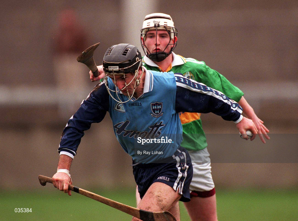 27 February 2000; Dermot McInerney of Dublin in action against Conor Harty of Kerry during the Allianz National Hurling League Division 1A Round 2 match between Dublin and Kerry at Parnell Park in Dublin. Photo by Ray Lohan/Sportsfile