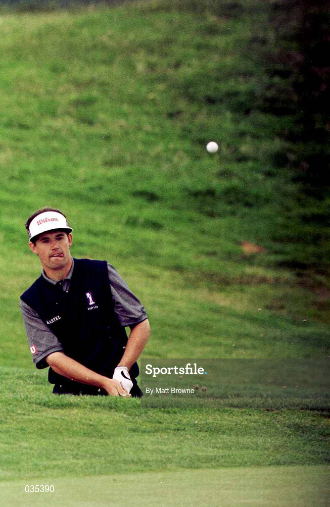 14 August 1999; Padraig Harrington plays out of the bunker onto the 6th green during day three of the West of Ireland Golf Classic at the Galway Bay Golf & Country Club in Galway. Photo by Matt Browne/Sportsfile