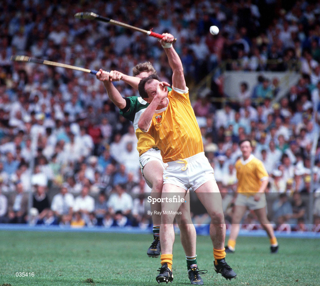 6 August 1989; Dominic McKinley of Antrim in action against Daithí Regan of Offaly during the All-Ireland Senior Hurling Championship Semi-Final match between Antrim and Offaly at Croke Park in Dublin. Photo by Ray McManus/Sportsfile