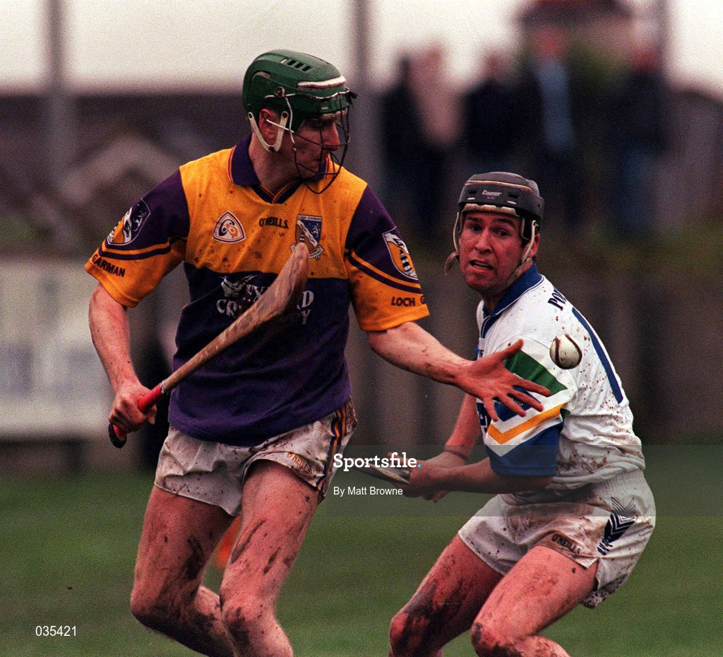 27 February 2000; Donal Berry of Wexford in action against Dave Bennett of Waterford during the Church & General National Hurling League Division 1B Round 2 match between Waterford and Wexford at Walsh Park in Waterford. Photo by Matt Browne/Sportsfile