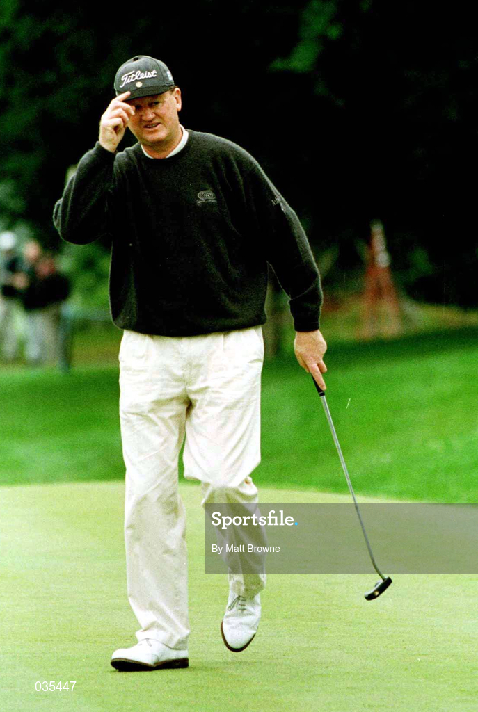 1 July 1999; Eamonn Darcy tips his hat after putting a birdie on the 2nd green during day one the Murphy's Irish Open at Druids Glen in Wicklow. Photo by Matt Browne/Sportsfile