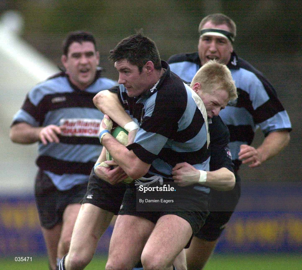 26 February 2000; Eddie Halvey of Shannon is tackled by Shane Stewart of Ballymena during the AIB Rugby League Division 1 match between Shannon and Ballymena at Thomond Park in Limerick. Photo by Damien Eagers/Sportsfile