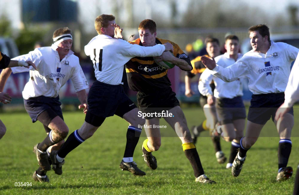 4 December 1999; Eoin Brennan of Buccaneers is tackled by Anthony Horgan, 11, and Cian Mahony of Cork Constitution during the AIB Rugby League Division 1 match between Buccaneers and Cork Constitution at Buccaneers RFC in Athlone, Westmeath. Photo by Matt Browne/Sportsfile