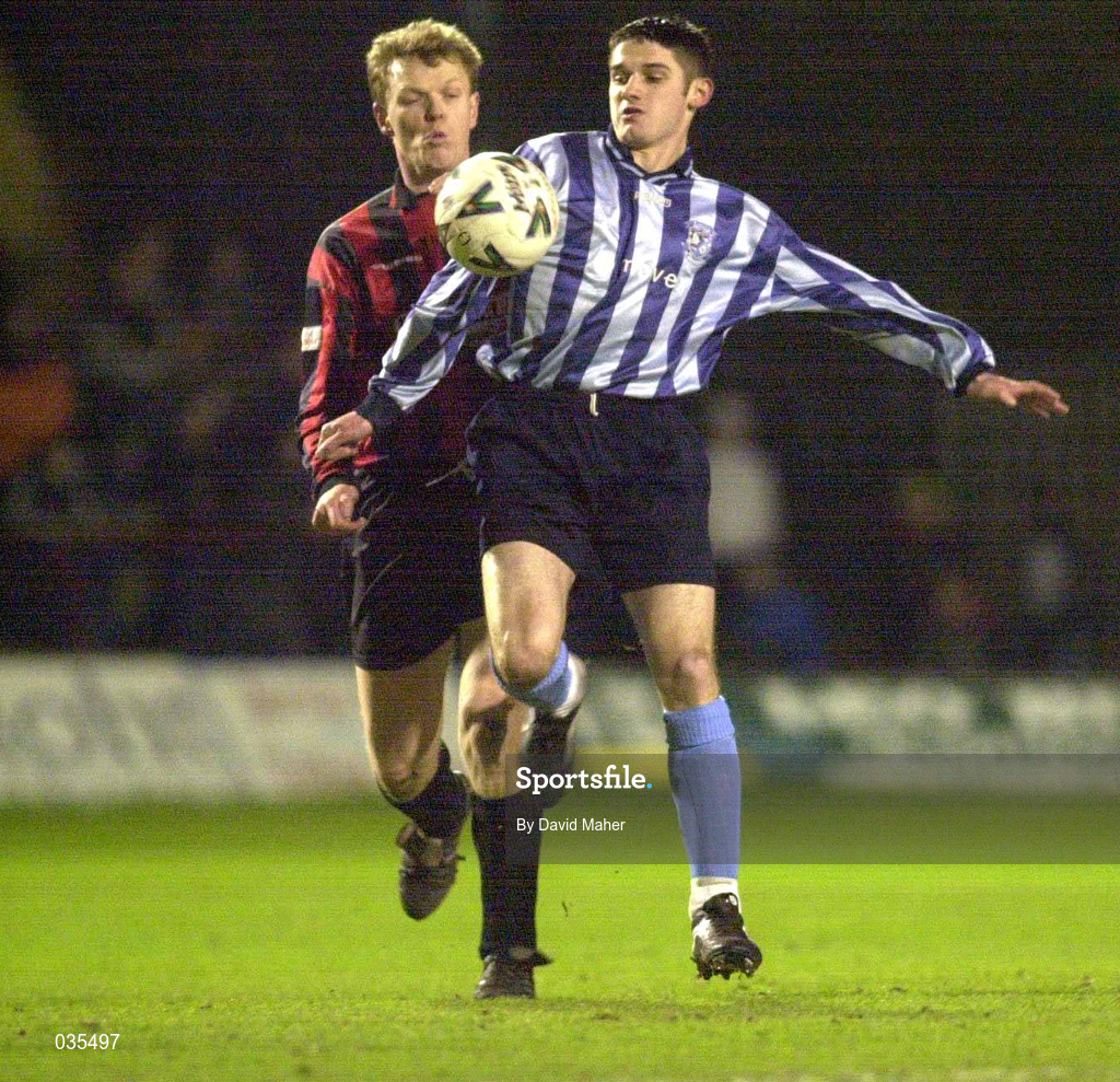 3 February 2000; Eoin Mullens of Bohemians in action against Kieran Fitzpatrick of St Mochta's during the FAI Harp Lager Cup Quarter-Final match between Bohemians and St Mochta's at Dalymount Park in Dublin. Photo by David Maher/Sportsfile