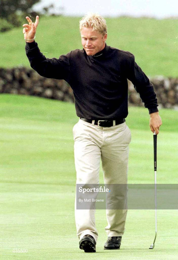 13 August 1999; Eric Carlberg from Denmark celebrates his  birdie putt on the 18th green during day two of the West of Ireland Golf Classic at the Galway Bay Golf & Country Club in Galway. Photo by Matt Browne/Sportsfile
