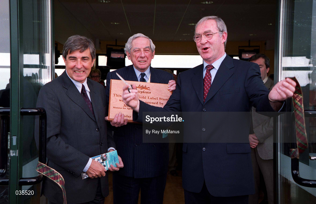 16 January 2000; Minister for Agriculture, Food and Rural Development, Joe Walsh TD, who officially opened the Powers Gold Label Stand in the presence of Denis Brosnan, left, Chairman, Irish Horseracing Authority and  Dr Frank O'Reilly, Chairman of Fairyhouse Racecourse at Fairyhouse Racecourse in Meath. Photo by Ray McManus/Sportsfile