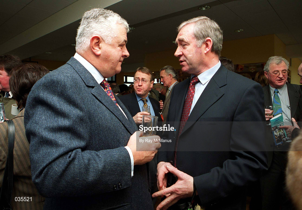 16 January 2000. Richard Burrows, Chairman of Irish Distillers, in conversation with Minister for Agriculture, Food and Rural Development Joe Walsh TD prior to the official opening of the Powers Gold Label Stand at Fairyhouse Racecourse in Meath. Photo by Ray McManus/Sportsfile