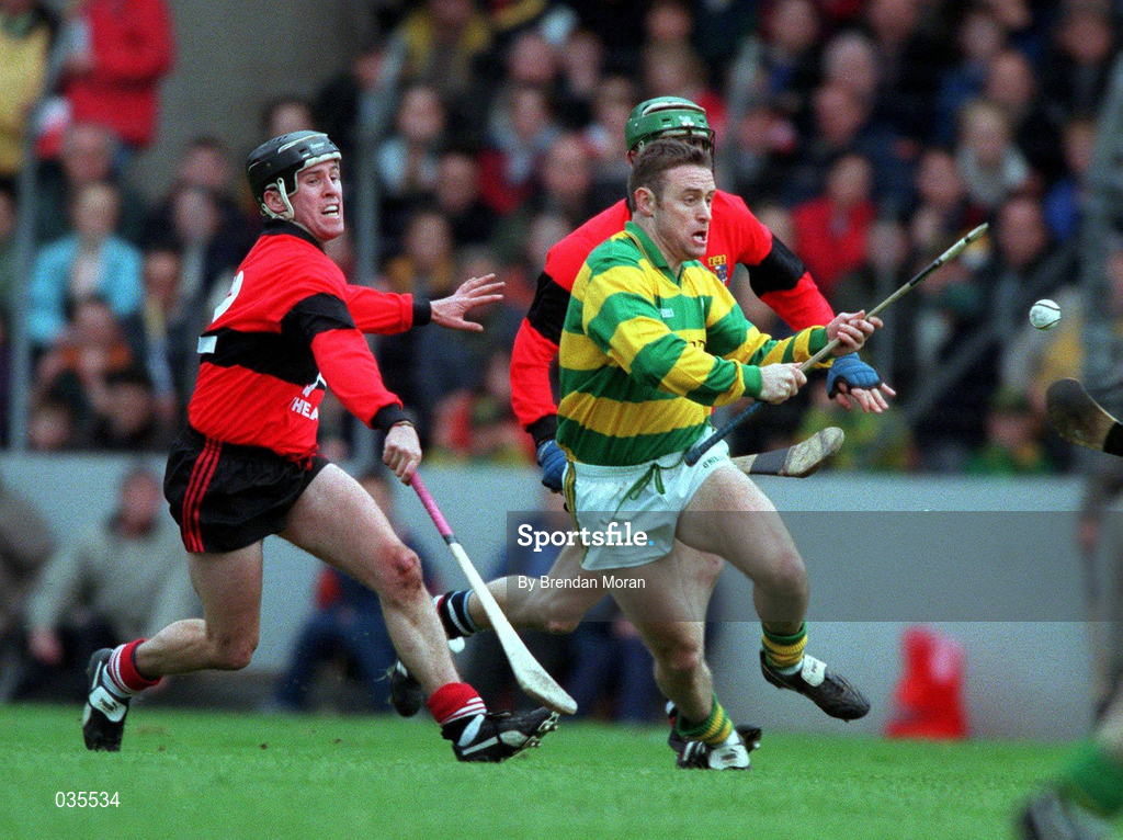 31 October 1999; Fergal Ryan of Blackrock in action against Dave Bennett of UCC during the Cork County Senior Club Hurling Championship Final match between Blackrock and UCC at Páirc Uí Chaoimh in Cork. Photo by Brendan Moran/Sportsfile
