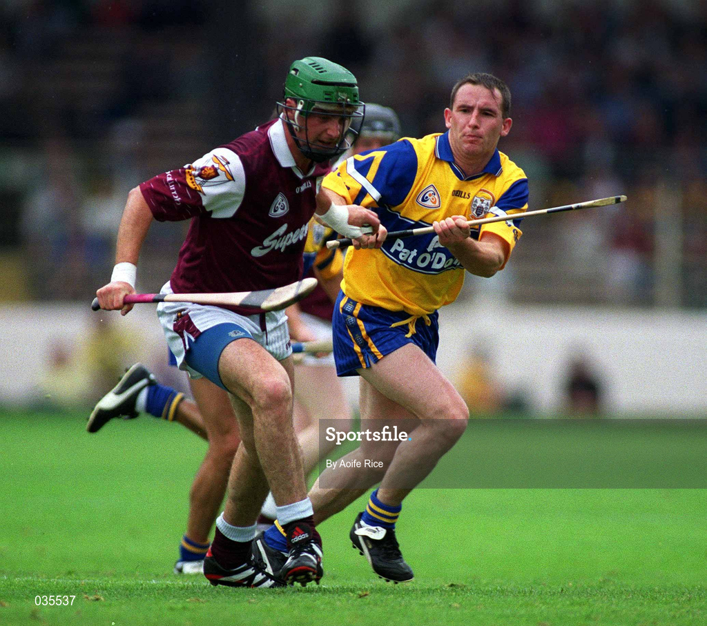 2 August 1999; Fergus Flynn of Galway in action against Colin Lynch of Clare during the Guinness All-Ireland Senior Hurling Championship Quarter-Final Replay match between Clare and Galway at Croke Park in Dublin. Photo by Aoife Rice/Sportsfile