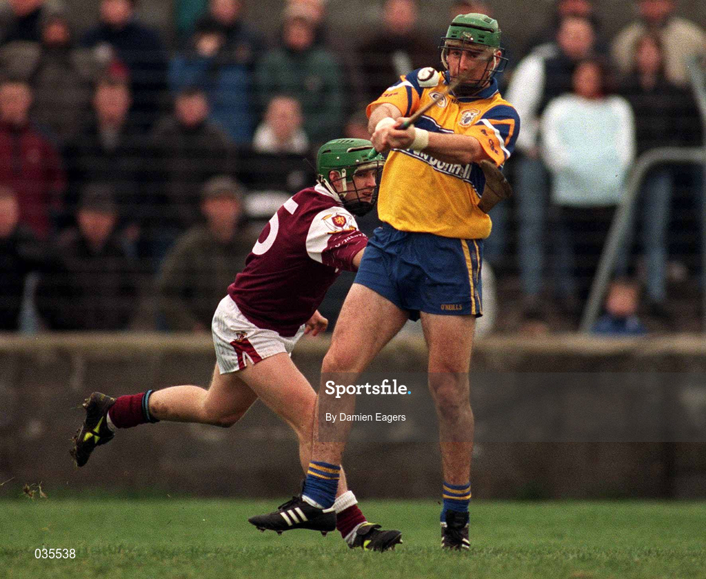 27 February 2000; Fergus Flynn of Clare in action against Fergal Healy of Galway during the Church & General National Hurling League Division 1A Round 2 match between Clare and Galway at Hennessy Park in Miltown Malbay, Clare. Photo by Damien Eagers/Sportsfile