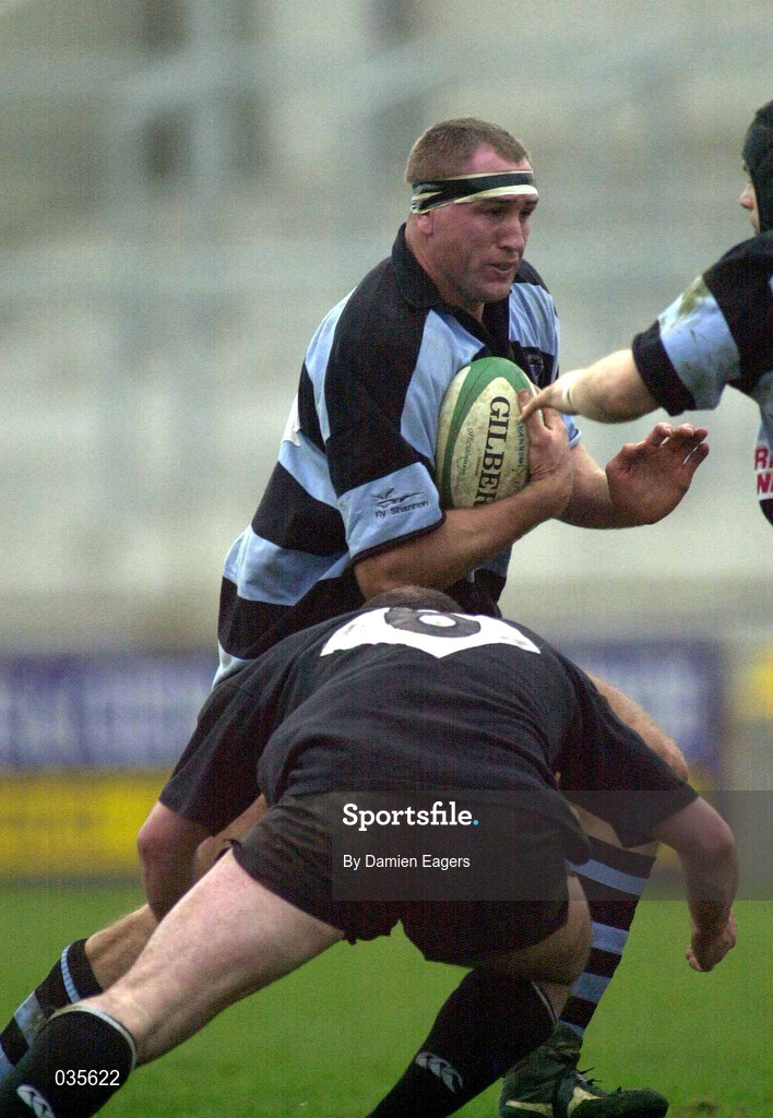 26 February 2000; John Langford of Shannon is tackled by Andy Graham of Ballymena during the AIB Rugby League Division 1 match between Shannon and Ballymena at Thomond Park in Limerick. Photo by Damien Eagers/Sportsfile