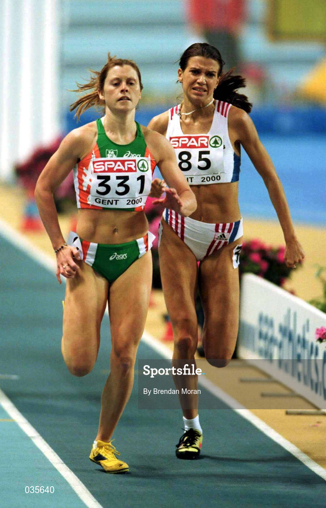 26 February 2000; Karen Shinkins of Ireland, 331, on her way to qualifying for the Women's 400m Final in a new Irish record of 52.80 during the European Indoor Athletics Championships at Flanders Sports Arena in Ghent, Belguim. Photo by Brendan Moran/Sportsfile *** Local Caption ***