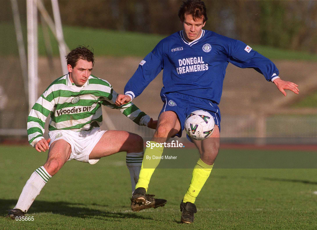13 February 2000; Kevin McHugh of Finn Harps in action against Matt Britton of Shamrock Rovers during the Eircom League Premier Division match between Shamrock Rovers and Finn Harps at Morton Stadium in Dublin. Photo by David Maher/Sportsfile