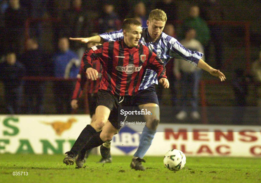 3 February 2000; Gareth O'Connor of Bohemians in action against Donal Massey of St Mochta's during the FAI Harp Lager Cup Quarter-Final match between Bohemians and St Mochta's at Dalymount Park in Dublin. Photo by David Maher/Sportsfile