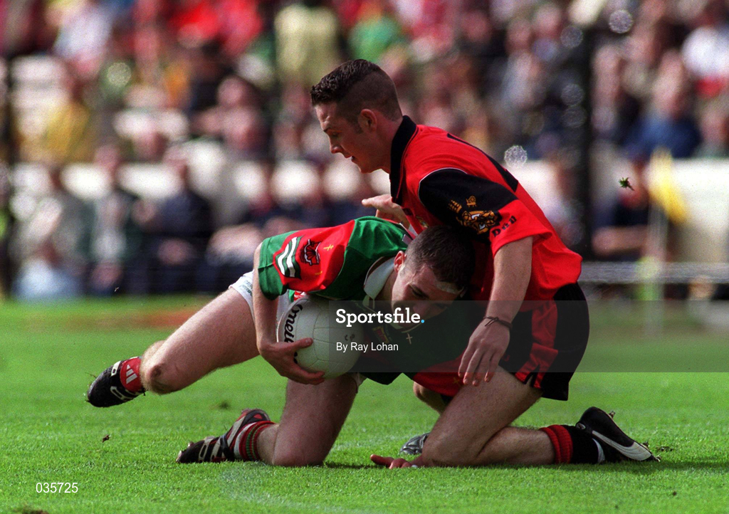 26 September 1999; Gary Dillon of Mayo in action against Mark Doran of Down during the All-Ireland Minor Football Championship Final match between Down and Mayo at Croke Park in Dublin. Photo by Matt Browne/Sportsfile