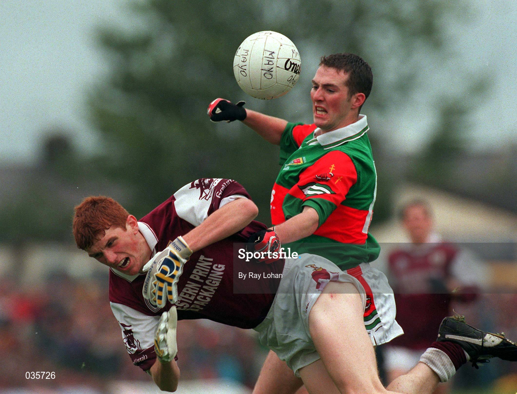 18 July 1999; Gary Dillon of Mayo in action against Kieran Fitzgerald of Galway during the Connacht Minor Football Championship Final match between Galway and Mayo at Tuam Stadium in Galway. Photo by Ray Lohan/Sportsfile