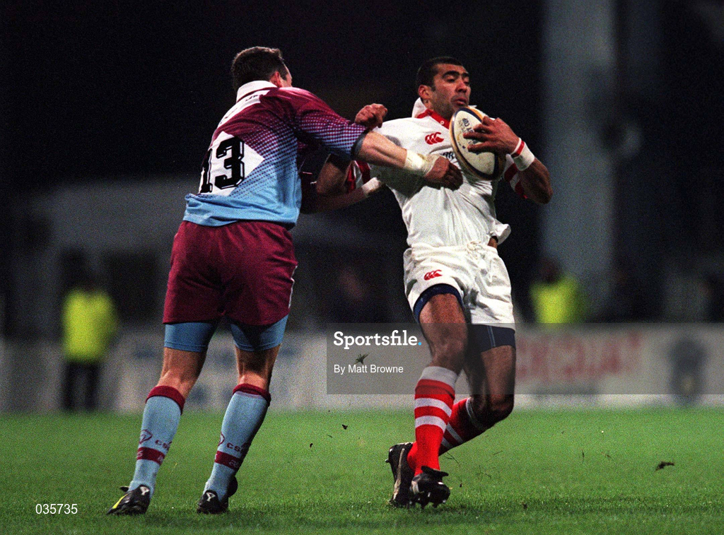 20 November 1999; Spencer Bromley of Ulster in action against James McLaren of Bourgoin during the Heineken Cup Pool 3 Round 1 match between Bourgoin and Ulster at Stade Pierre Rajon in Bourgoin, France. Photo by Matt Browne/Sportsfile