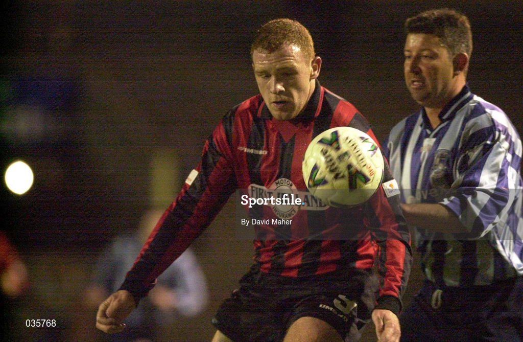 3 February 2000; Glen Crowe of Bohemian's in action against Gareth Groves of St Mochta's during the FAI Harp Lager Cup Quarter-Final match between Bohemians and St Mochta's at Dalymount Park in Dublin. Photo by David Maher/Sportsfile