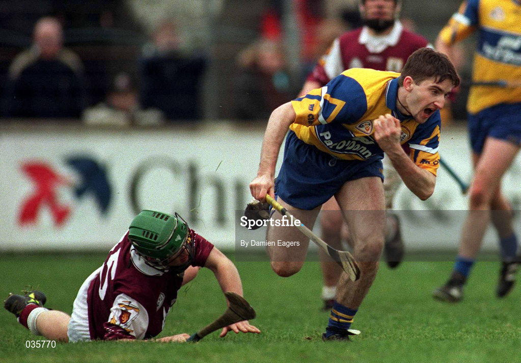 27 February 2000; Gordon Malone of Clare breaks away from Fergal Healy of Galway during the Church & General National Hurling League Division 1A Round 2 match between Clare and Galway at Hennessy Park in Miltown Malbay, Clare. Photo by Damien Eagers/Sportsfile