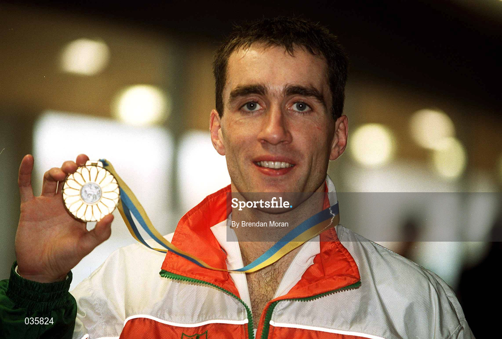 27 February 2000; Mark Carroll of Ireland with his gold medal for winning the Men's 3000m during the European Indoor Athletics Championships at Flanders Sports Arena in Ghent, Belguim. Photo by Brendan Moran/Sportsfile