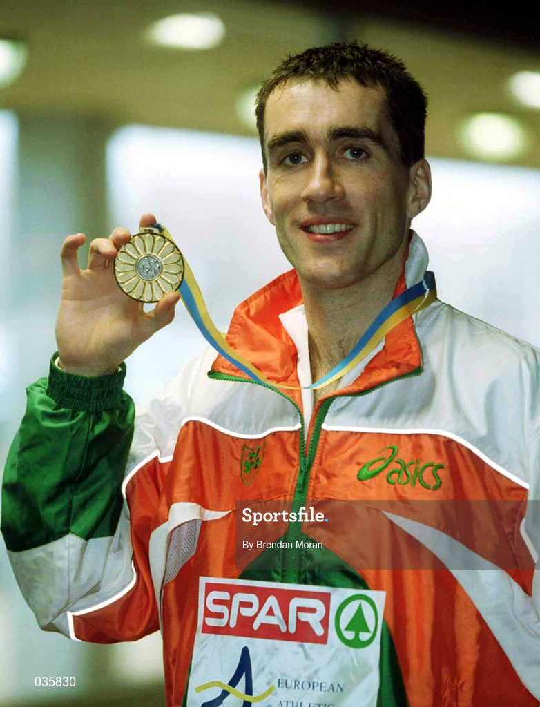 27 February 2000; Mark Carroll of Ireland with his gold medal for winning the Men's 3000m during the European Indoor Athletics Championships at Flanders Sports Arena in Ghent, Belguim. Photo by Brendan Moran/Sportsfile