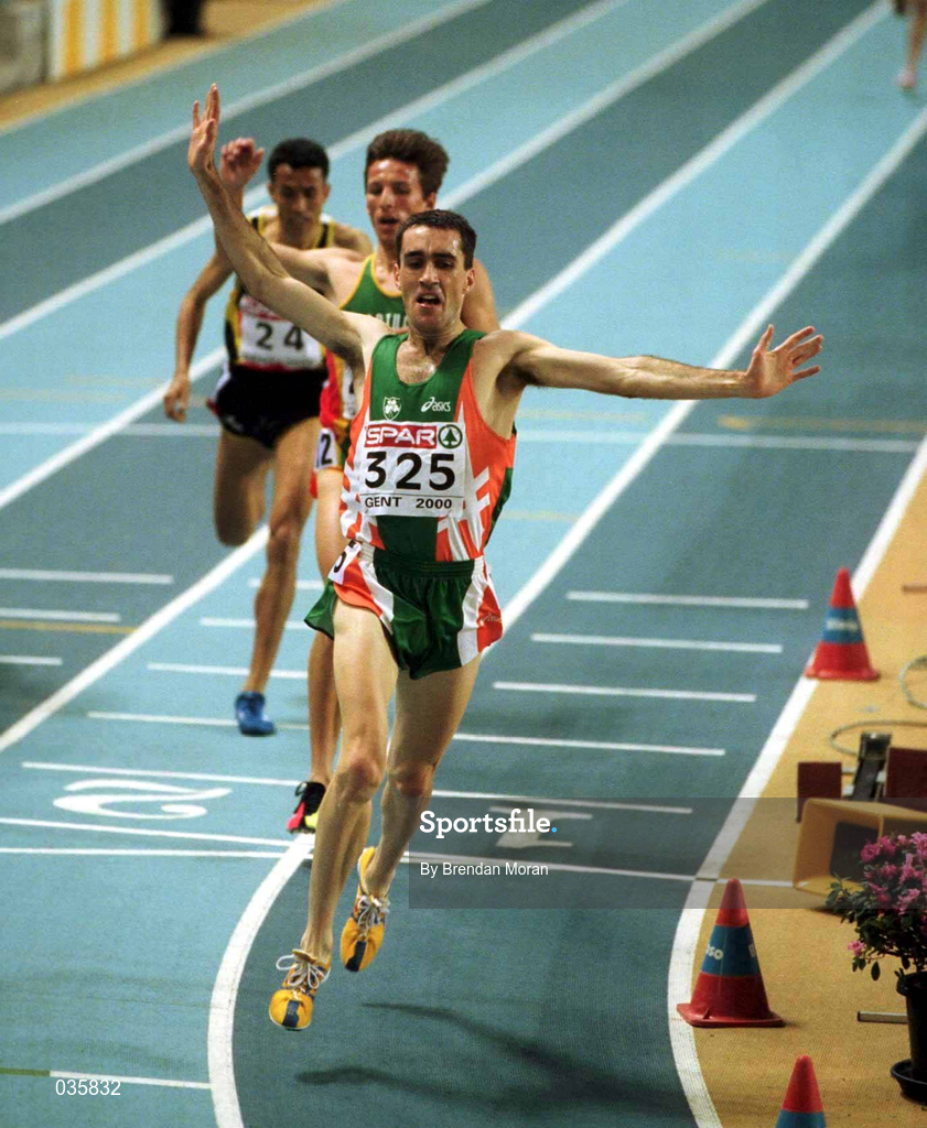 27 February 2000. Ireland's Mark Carroll comes home to win the Men's 3000m and become European Indoor Champion during the European Indoor Athletics Championships at Flanders Sports Arena in Ghent, Belguim. Photo by Brendan Moran/Sportsfile