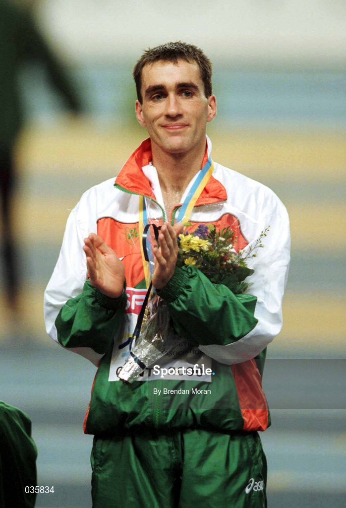 27 February 2000; Mark Carroll of Ireland on the podium with his gold medal for winning the Men's 3000m during the European Indoor Athletics Championships at Flanders Sports Arena in Ghent, Belguim. Photo by Brendan Moran/Sportsfile