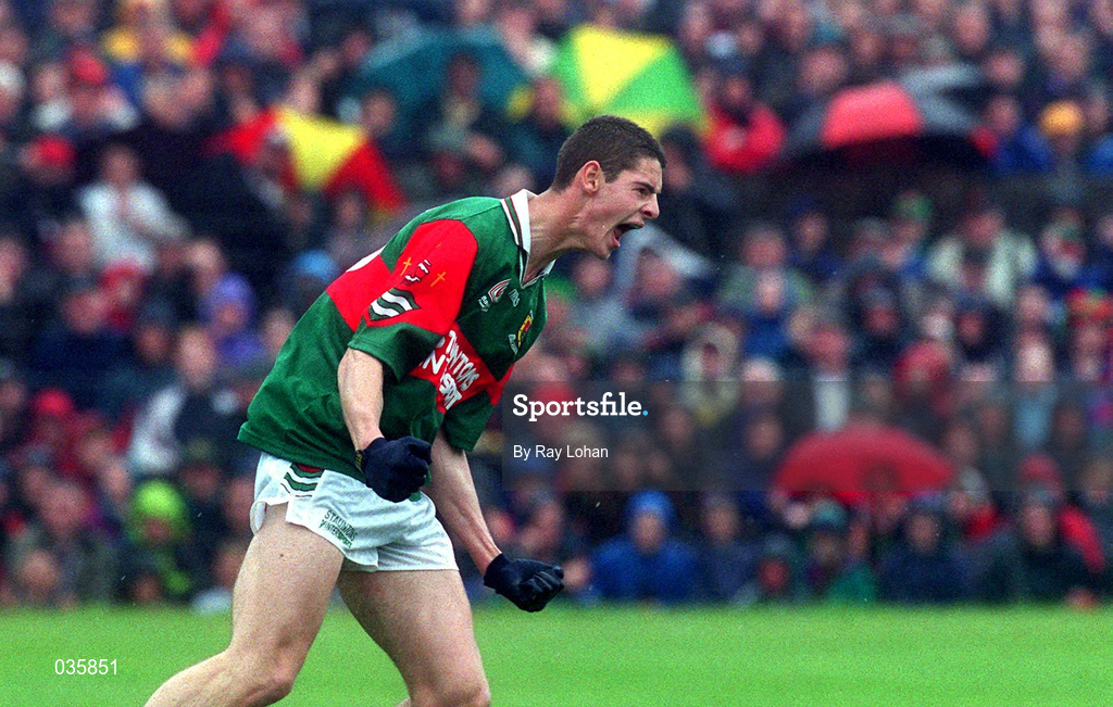 18 July 1999; Liam Brady of Mayo celebrates scoring a goal during the Connacht Minor Football Championship Final match between Mayo and Galway at Tuam Stadium in Galway. Photo by Ray Lohan/Sportsfile