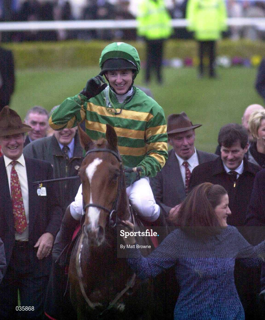 16 March 2000; Jockey Tony Dobbin celebrates after winning the County Handicap Hurdle on Master Tern during Day Three of the Cheltenham Racing Festival at Prestbury Park in Cheltenham, England. Photo by Matt Browne/Sportsfile