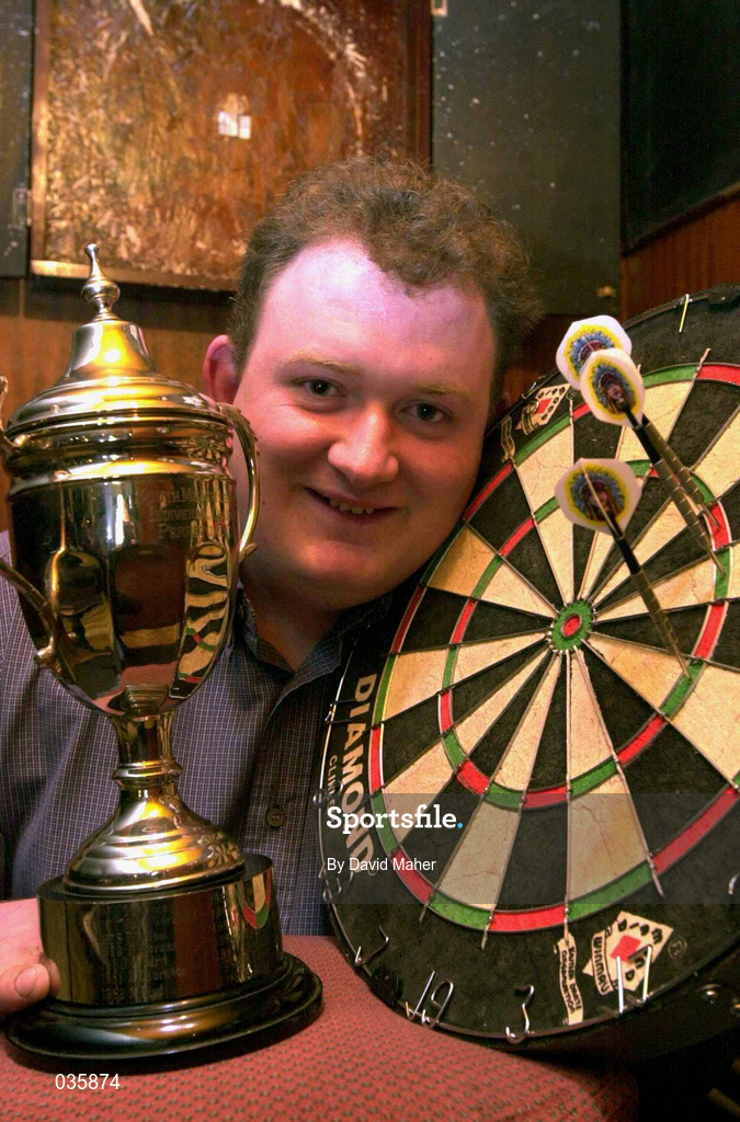 3 February 2000; Mattie Murtagh from Trim after winning the single's championship at the South Meath Darts Championship. Photo by David Maher/Sportsfile