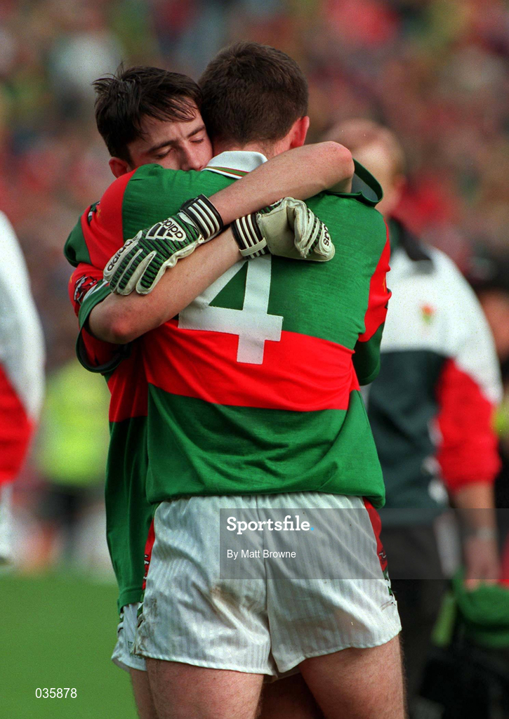 26 September 1999; Conor Moran and John Brogan, 4, of Mayo console each other after the All-Ireland Minor Football Championship Final match between Down and Mayo at Croke Park in Dublin. Photo by Matt Browne/Sportsfile