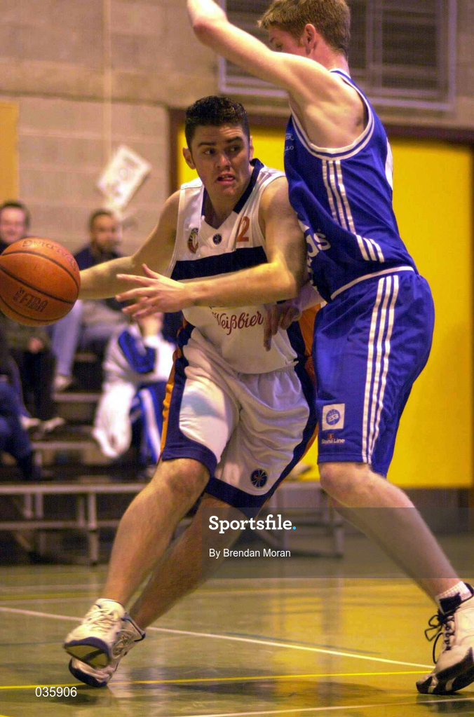 19 December 1999; Neal McCotter of Star of the Sea in action against Jonathan Grennell of Killester during the ESB Men's Superleague Basketball match between Killester and Star of the Sea at IWA in Clontarf in Dublin. Photo by Brendan Moran/Sportsfile