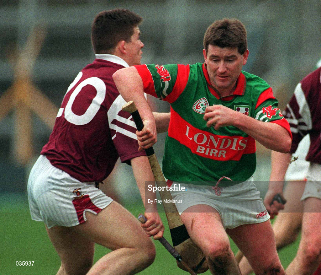 13 February 2000; Oisín O'Neill of Birr in action against Donal Moran of Athenry during the AIB All-Ireland Senior Club Hurling Championship Semi-Final match between Athenry and Birr at Semple Stadium in Thurles, Tipperary. Photo by Ray McManus/Sportsfile