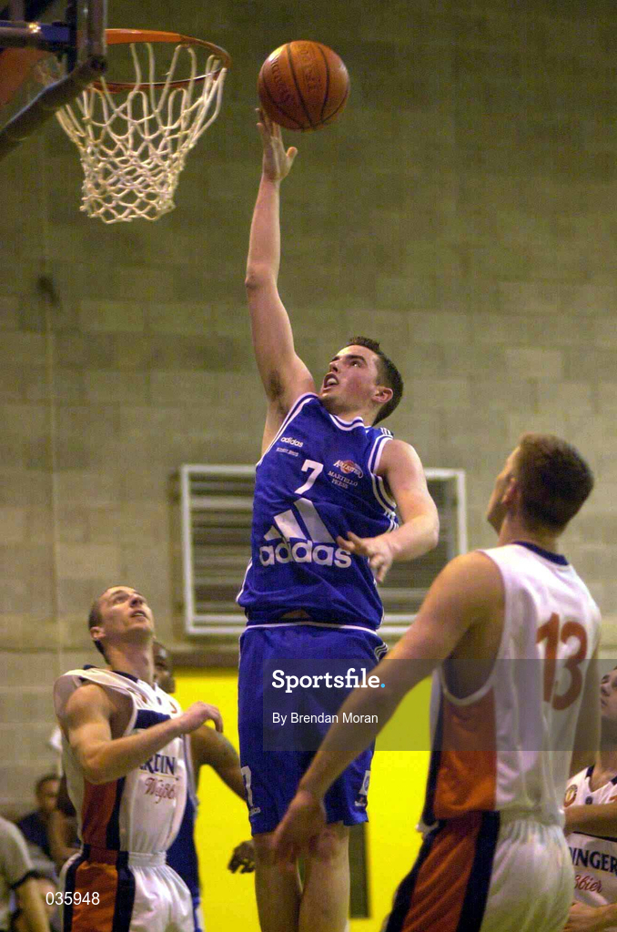 19 December 1999; Paddy Kelly of Killester in action against Ger Ryan, left, and Ciaran Burns of Star of the Sea during the ESB Men's Superleague Basketball match between Killester and Star of the Sea at IWA in Clontarf in Dublin. Photo by Brendan Moran/Sportsfile
