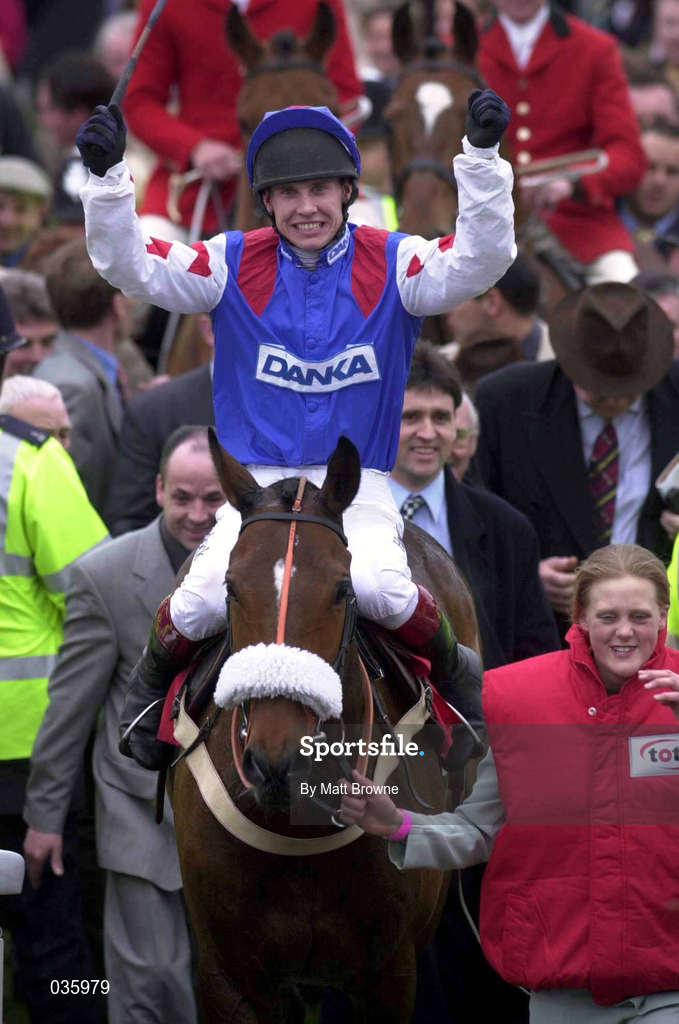 16 March 2000; Jockey Richard Johnson celebrates after winning The Tote Cheltenham Gold Cup on during Day Three of the Cheltenham Racing Festival at Prestbury Park in Cheltenham, England. Photo by Matt Browne/Sportsfile