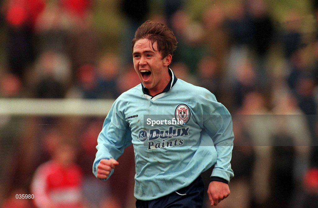 5 December 1999; Richie Baker of Shelbourne celebrates his opening goal during the Eircom League Premier Division match between Cork City and Shelbourne at Turners Cross in Cork. Photo by David Maher/Sportsfile