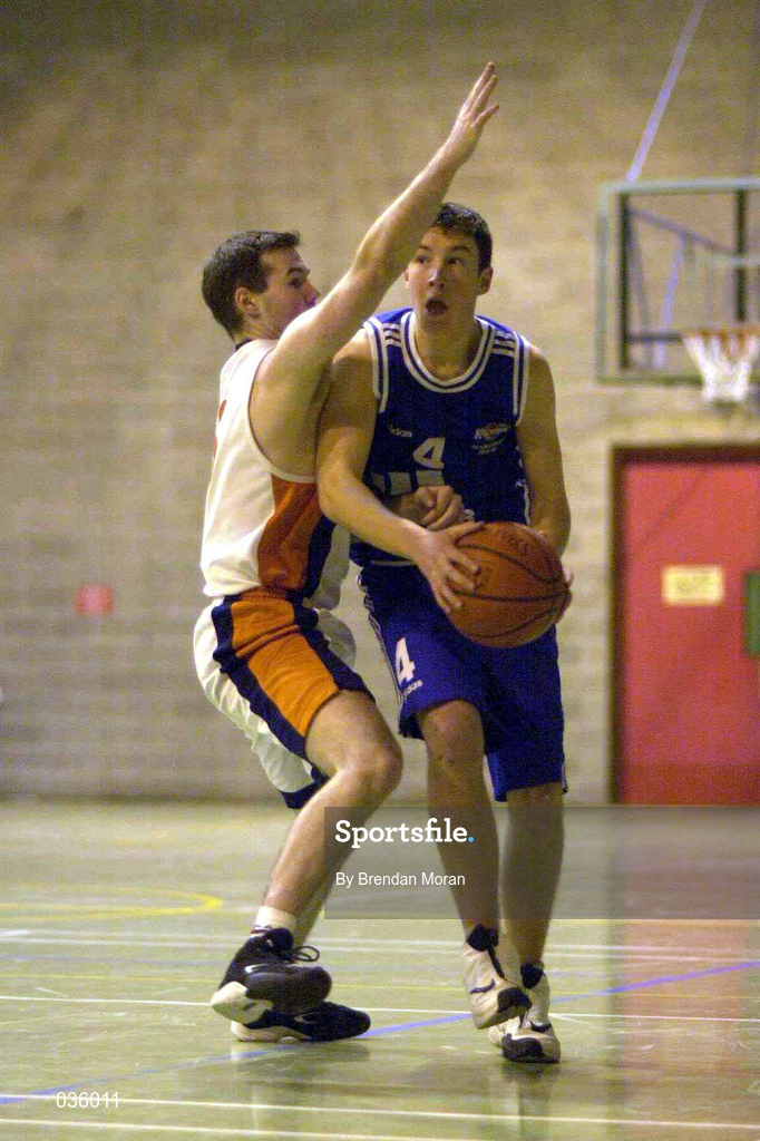 19 December 1999; Simon Behan of Killester in action against Adrian Fulton of Star of the Sea during the ESB Men's Superleague Basketball match between Killester and Star of the Sea at IWA in Clontarf in Dublin. Photo by Brendan Moran/Sportsfile
