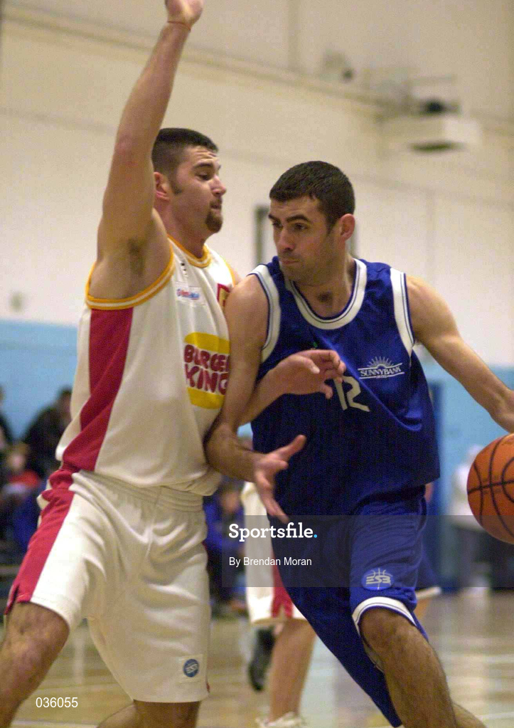 4 December 1999; Stephen McGurk of St Vincent's in action against Mike Norris of BK Limerick during the ESB Men's Superleague Basketball match between St Vincent's and BK Limerick at St Vincent's Basketball Club in Glasnevin, Dublin. Photo by Brendan Moran/Sportsfile