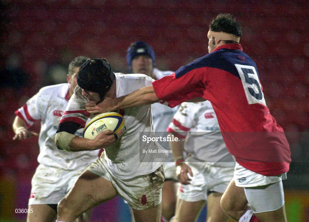 10 December 1999; Tony McWhirter of Ulster is tackled by Craig Gilles of Llanelli during the Heineken Cup Pool 3 Round 3 match between Ulster and Llanelli at Ravenhill in Belfast. Photo by Matt Browne/Sportsfile