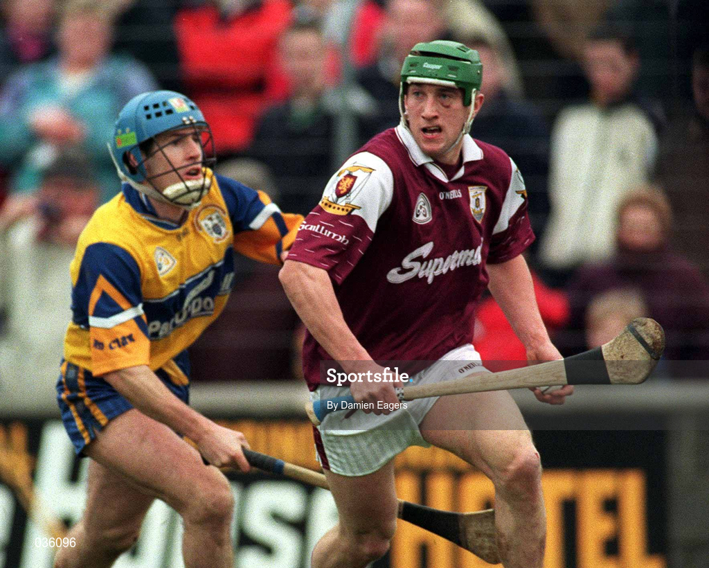 27 February 2000; Vinnie Maher of Galway in action against Ken Ralph of Clare during the Church & General National Hurling League Division 1A Round 2 match between Clare and Galway at Hennessy Park in Miltown Malbay, Clare. Photo by Damien Eagers/Sportsfile