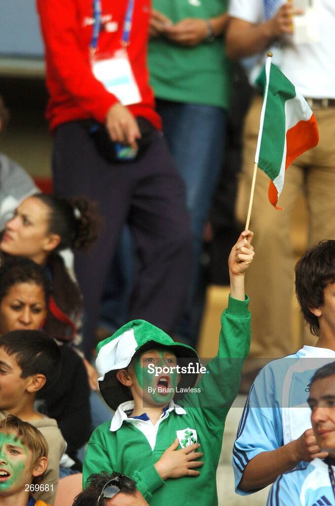 30 September 2007; A young fan sings along during 'Ireland's Call'. 2007 Rugby World Cup, Pool D, Ireland v Argentina, Parc des Princes, Paris, France. Picture credit; Brian Lawless / SPORTSFILE