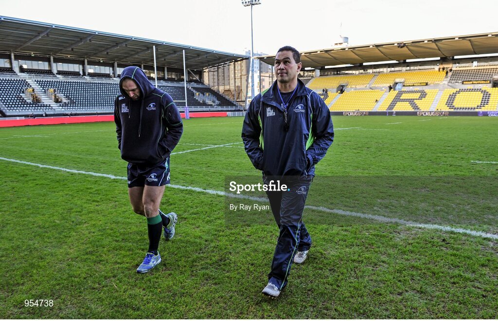 24 January 2015; Connacht head coach Pat Lam, right, and John Muldoon walk the pitch before the start of the game. European Rugby Champions Cup 2014/15, Pool 2, Round 6, La Rochelle v Connacht, Stade Marcel Deflandre, La Rochelle, France. Picture credit: Ray Ryan / SPORTSFILE