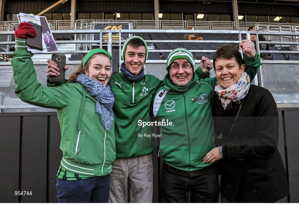 24 January 2015; The Gaughan family, from left, Rachel, Shane, father Peter and mother Catherine ahead of the game. European Rugby Champions Cup 2014/15, Pool 2, Round 6, La Rochelle v Connacht, Stade Marcel Deflandre, La Rochelle, France. Picture credit: Ray Ryan / SPORTSFILE