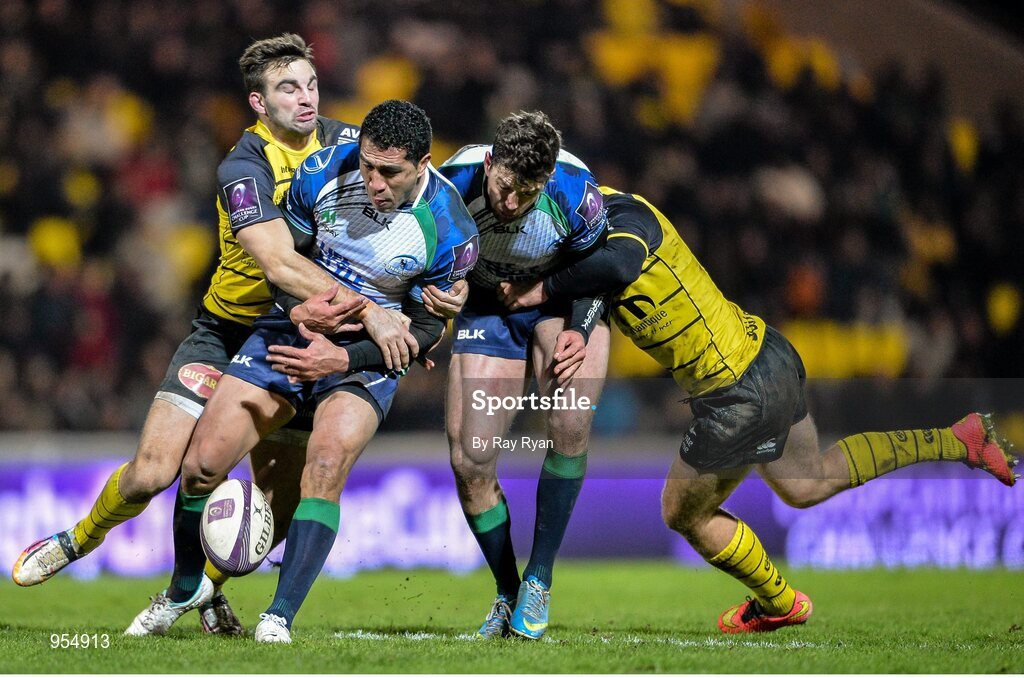 24 January 2015; Mils Muliaina, Connacht, is tackled by Jean Oascal Barraque, La Rochelle. European Rugby Champions Cup 2014/15, Pool 2, Round 6, La Rochelle v Connacht, Stade Marcel Deflandre, La Rochelle, France. Picture credit: Ray Ryan / SPORTSFILE