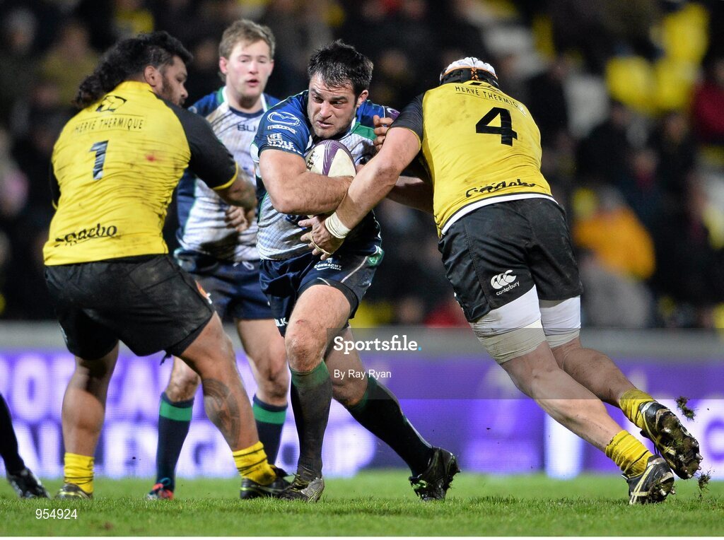 24 January 2015; Ronan Loughney, Connacht, is tackled by Vincent Pelo and Mathieu Tanguy, La Rochelle. European Rugby Champions Cup 2014/15, Pool 2, Round 6, La Rochelle v Connacht, Stade Marcel Deflandre, La Rochelle, France. Picture credit: Ray Ryan / SPORTSFILE
