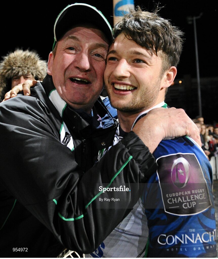 24 January 2015; Conor Finn, Connacht, is congratulated by his father Pat after the game. European Rugby Champions Cup 2014/15, Pool 2, Round 6, La Rochelle v Connacht, Stade Marcel Deflandre, La Rochelle, France. Picture credit: Ray Ryan / SPORTSFILE
