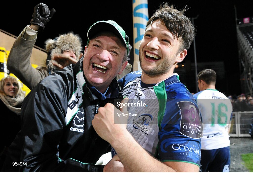 24 January 2015; Conor Finn, Connacht, is congratulated by his father Pat after the game. European Rugby Champions Cup 2014/15, Pool 2, Round 6, La Rochelle v Connacht, Stade Marcel Deflandre, La Rochelle, France. Picture credit: Ray Ryan / SPORTSFILE